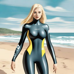 A slim blonde woman with exaggerated hips and large breasts wearing a wetsuit