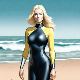 A slim blonde woman with exaggerated hips and large breasts wearing a wetsuit