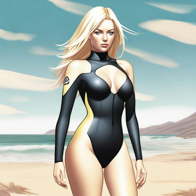 A slim blonde woman with exaggerated hips and large breasts wearing a wetsuit