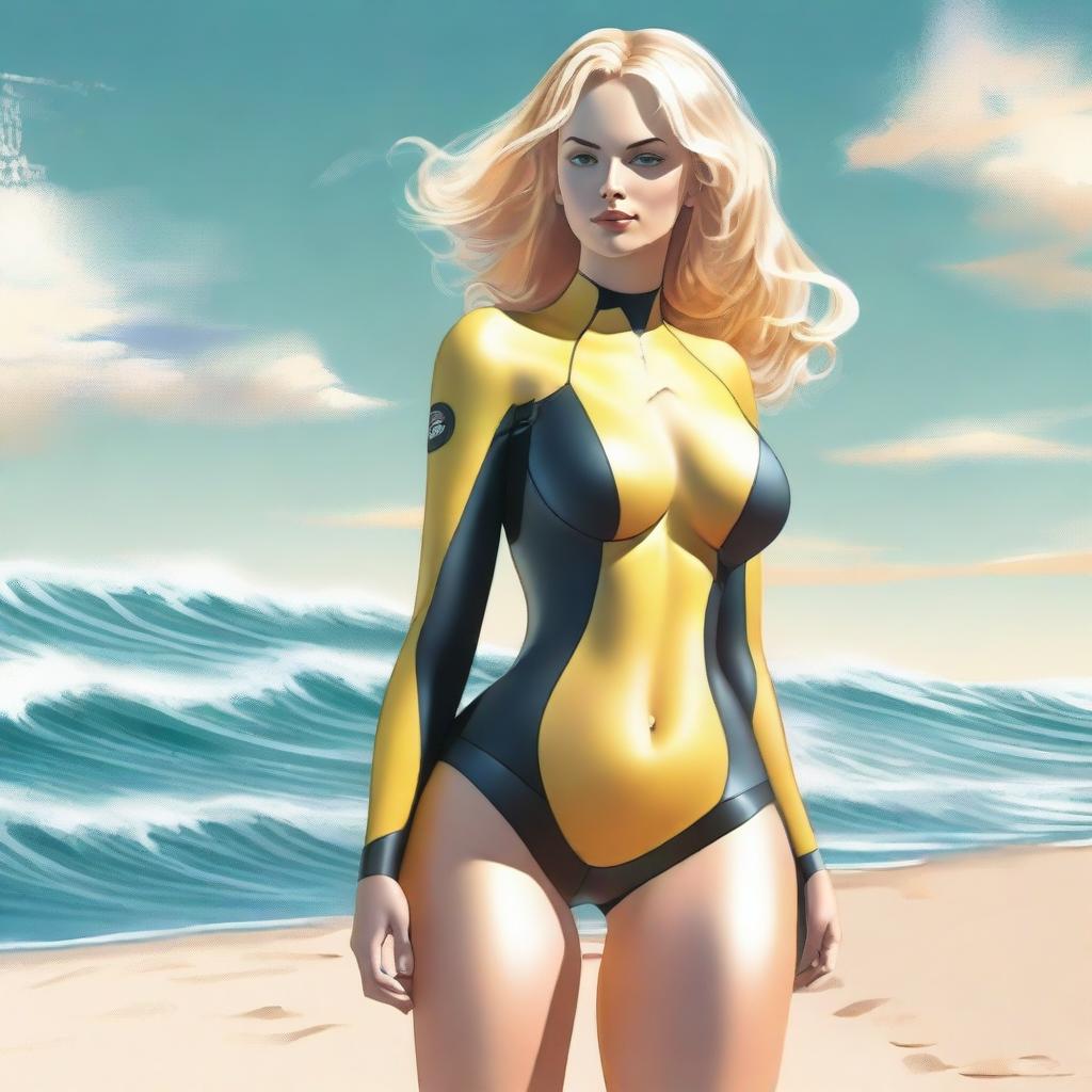 A slim blonde woman with exaggerated hips and large breasts wearing a wetsuit in a realistic style