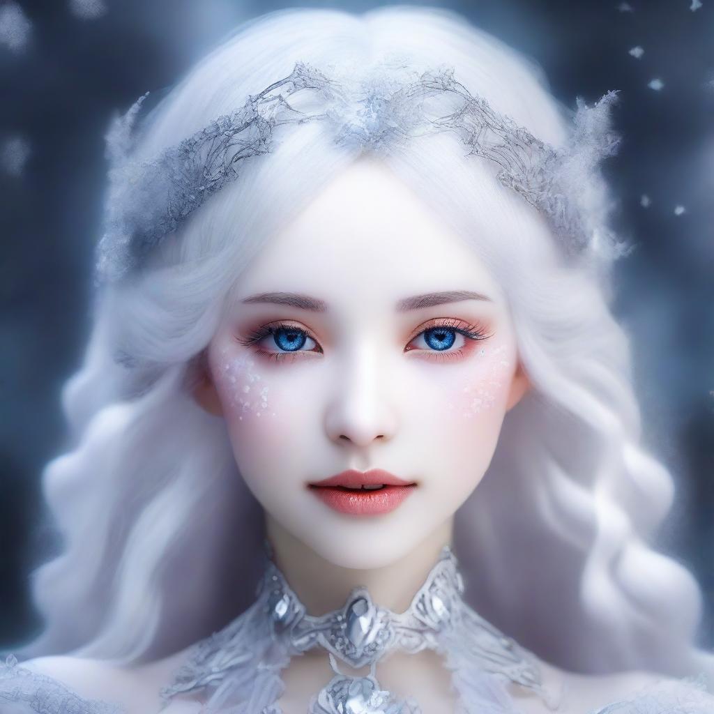 A beautiful girl with snow-white skin, a slender body, colorless eyes, and silver-white hair