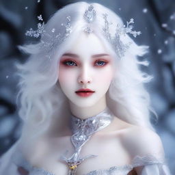 A beautiful girl with snow-white skin, a slender body, colorless eyes, and silver-white hair