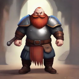 A male fat dwarf character wearing a chain shirt and leather armor