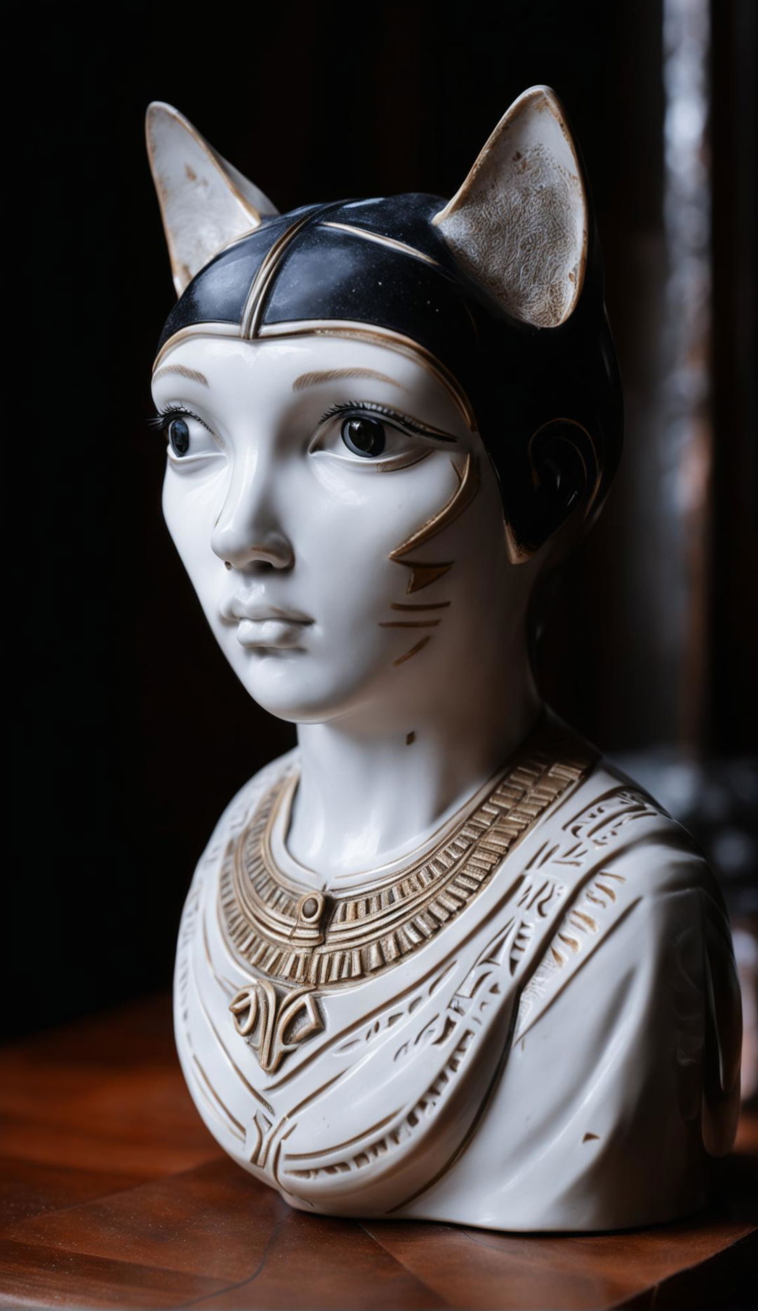 High-definition photograph of an ancient porcelain bust of Cleopatra with a black cat sitting beside it in a perfectly composed ambient setting.