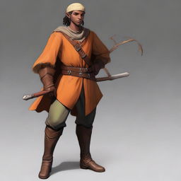 A young, slim but athletic half-elf bard with a brown complexion, standing 1