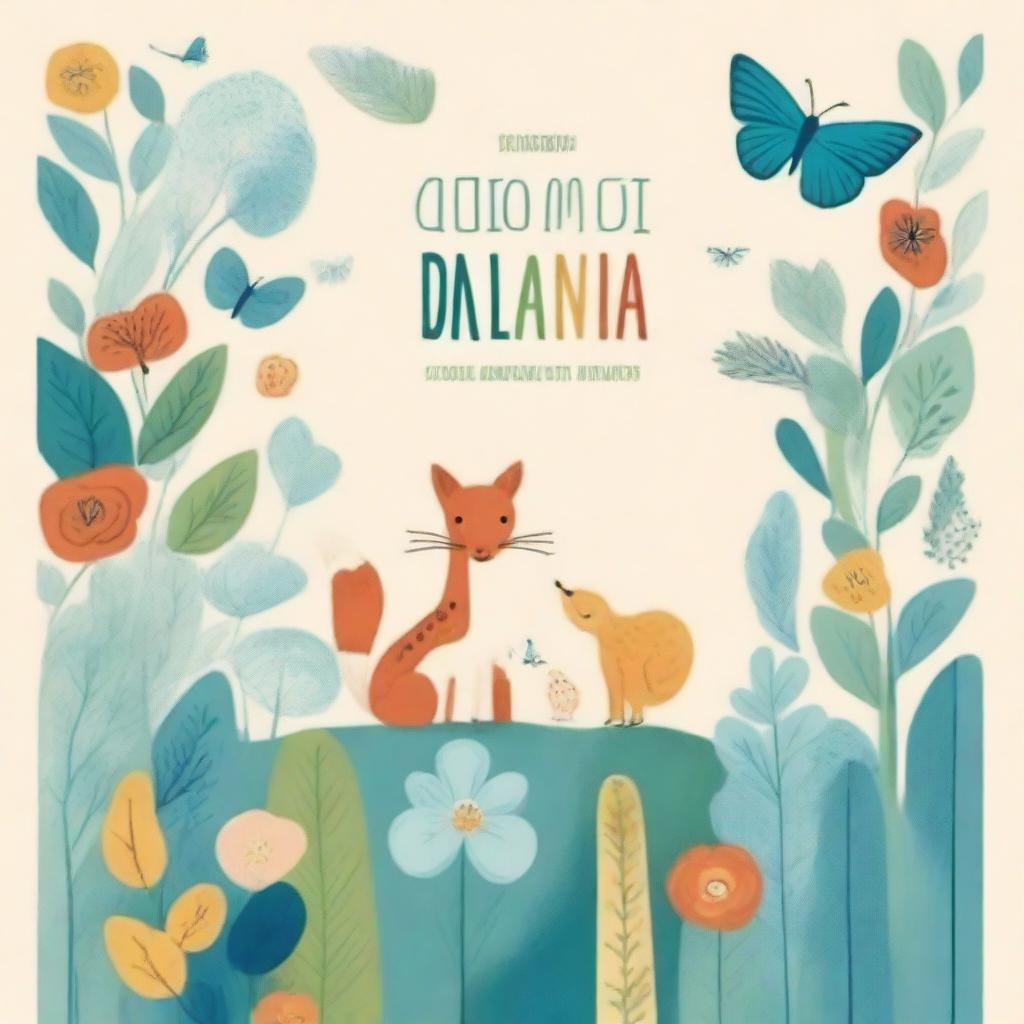 Desenhe uma capa de livro apresentando uma variedade de animais em um ambiente natural