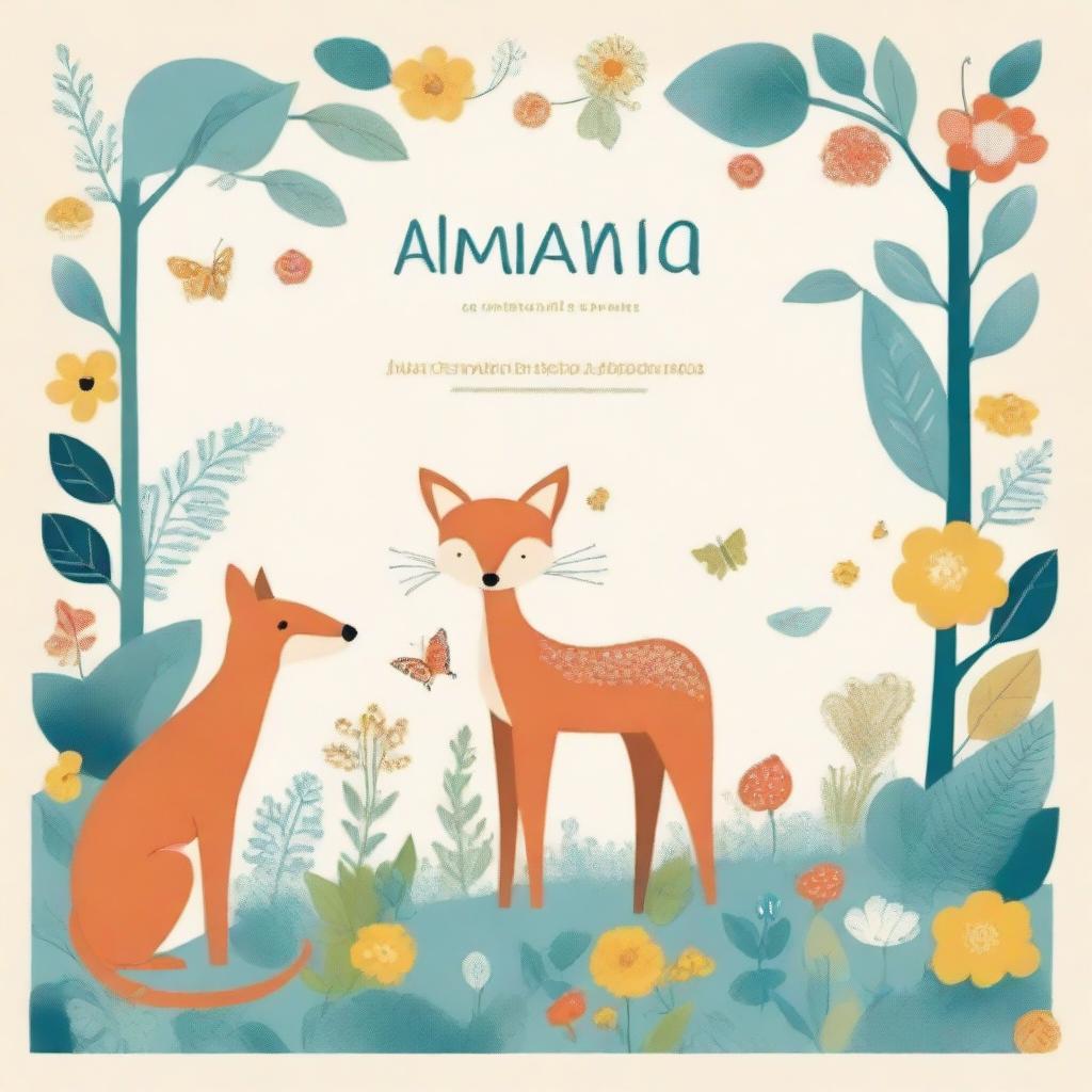 Desenhe uma capa de livro apresentando uma variedade de animais em um ambiente natural