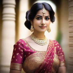 A beautiful and elegant Indian woman wearing traditional Indian clothing, such as a saree or lehenga, that accentuates her grace and beauty