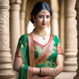 A beautiful and elegant Indian woman wearing traditional Indian clothing, such as a saree or lehenga, that accentuates her grace and beauty