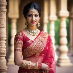 A beautiful and elegant Indian woman wearing traditional Indian clothing, such as a saree or lehenga, that accentuates her grace and beauty