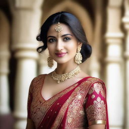 A beautiful and elegant Indian woman wearing traditional Indian clothing, such as a saree or lehenga, that accentuates her grace and beauty