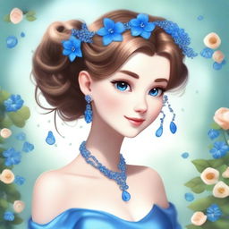 A fairy with light brown hair styled in a bun adorned with blue gemstones and flowers, and ringlets cascading down