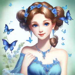 A fairy with light brown hair styled in a bun adorned with blue gemstones and flowers, and ringlets cascading down