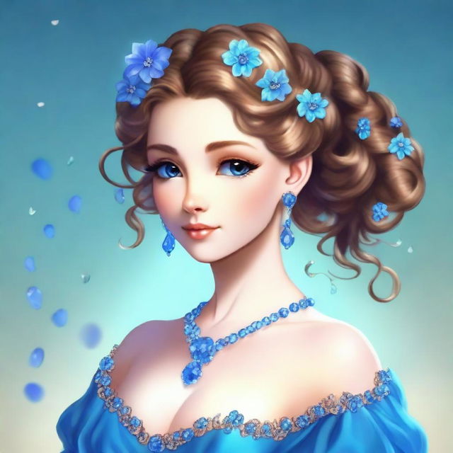 A fairy with light brown hair styled in a bun adorned with blue gemstones and flowers, and ringlets cascading down