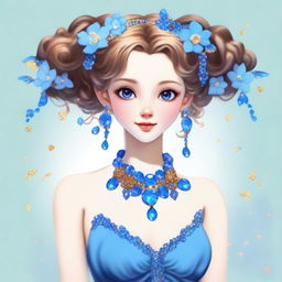 A fairy with light brown hair styled in a bun adorned with blue gemstones and flowers, and ringlets cascading down