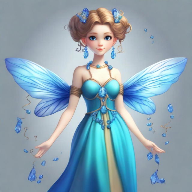 A full-body fairy with elongated wings, light brown hair styled in a bun adorned with blue gemstones, and ringlets cascading down