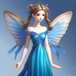 A full-body fairy with elongated wings, light brown hair styled in a bun adorned with blue gemstones, and ringlets cascading down