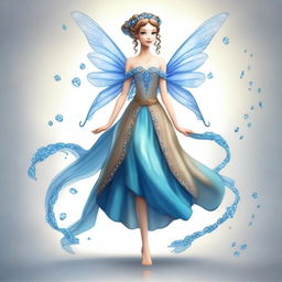 A full-body fairy with elongated wings, light brown hair styled in a bun adorned with blue gemstones, and ringlets cascading down