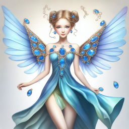 A full-body fairy with elongated wings, light brown hair styled in a bun adorned with blue gemstones, and ringlets cascading down