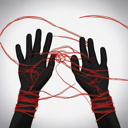 A red string tangling two hands, one male and the other female, against a black background