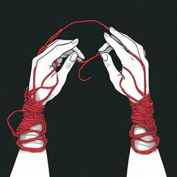 A red string tangling two hands, one male and the other female, against a black background