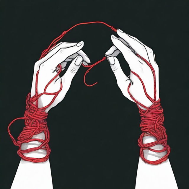 A red string tangling two hands, one male and the other female, against a black background