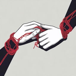 A red string tangling two hands, one male and the other female, against a black background