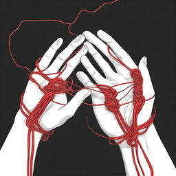 A red string tangling two hands, one male and the other female, against a black background