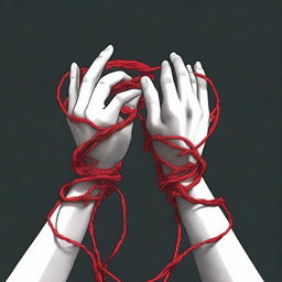 A realistic depiction of a red string tangling two hands, one male and the other female, against a black background