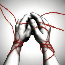 A realistic depiction of a red string tangling two hands, one male and the other female, against a black background