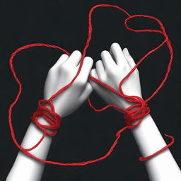 A realistic depiction of a red string tangling two hands, one male and the other female, against a black background