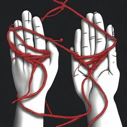 A realistic depiction of a red string tangling two hands, one male and the other female, against a black background