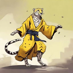 A cheetah martial artist monk with extra long limbs standing on its hind legs, wearing a tattered yellow robe