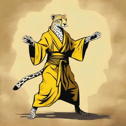 A cheetah martial artist monk with extra long limbs standing on its hind legs, wearing a tattered yellow robe