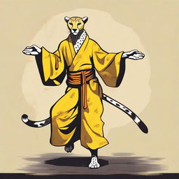 A cheetah martial artist monk with extra long limbs standing on its hind legs, wearing a tattered yellow robe