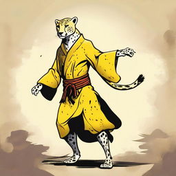 A cheetah martial artist monk with extra long limbs standing on its hind legs, wearing a tattered yellow robe