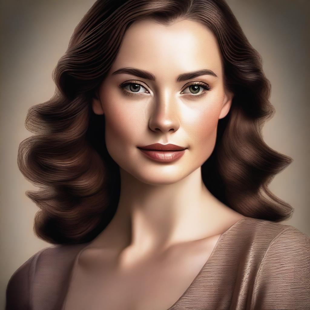 A realistic portrait of a young woman with brown hair, styled elegantly