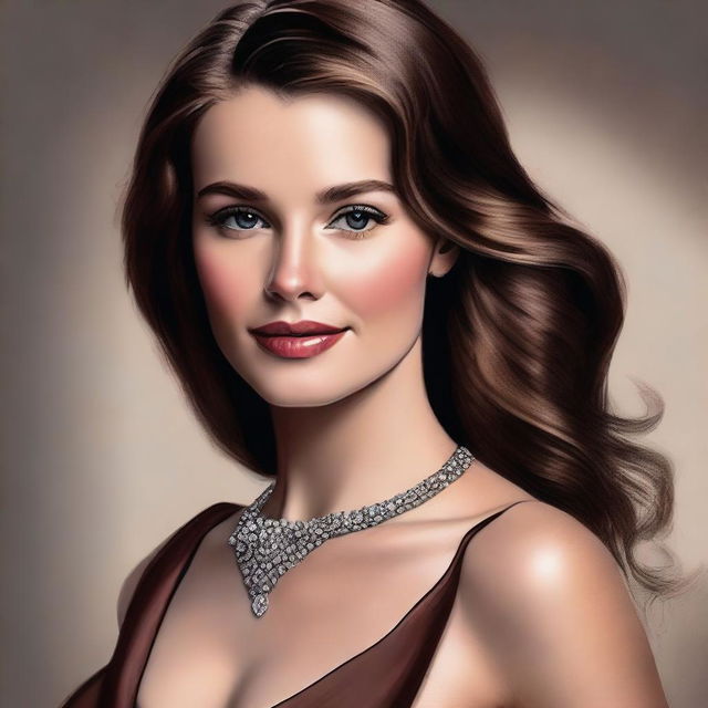 A realistic portrait of a young woman with brown hair, styled elegantly