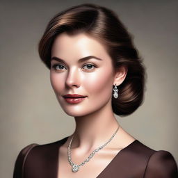 A realistic portrait of a young woman with brown hair, styled elegantly