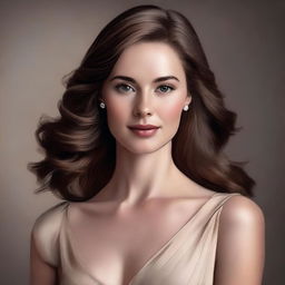 A realistic portrait of a young woman with brown hair, styled elegantly