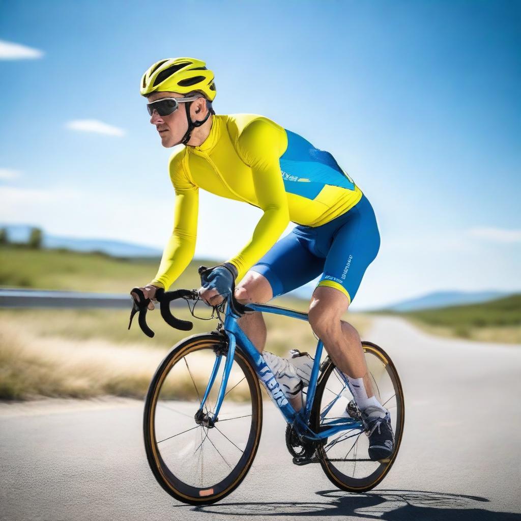 A cyclist dressed in yellow and blue riding a bicycle