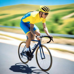 A cyclist dressed in yellow and blue riding a bicycle