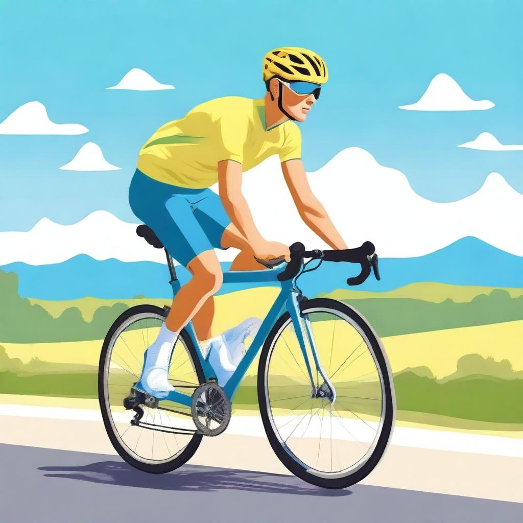 A cyclist dressed in yellow and blue riding a bicycle