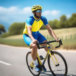 A cyclist dressed in yellow and blue riding a bicycle