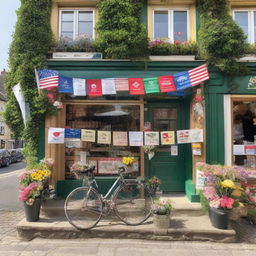 A quaint village shop transformed into a cycling race podium