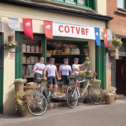 A quaint village shop transformed into a cycling race podium