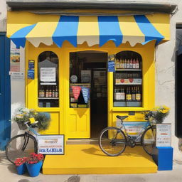 A quaint village shop transformed into a cycling race podium where the primary colors are yellow, blue, and white