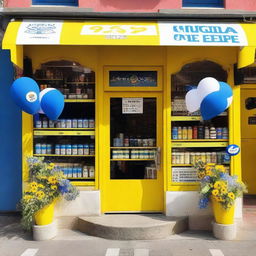 A quaint village shop transformed into a cycling race podium where the primary colors are yellow, blue, and white