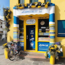 A quaint village shop transformed into a cycling race podium where the primary colors are yellow, blue, and white