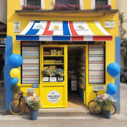 A quaint village shop transformed into a cycling race podium where the primary colors are yellow, blue, and white